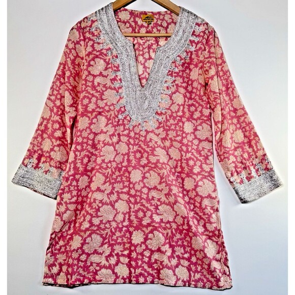 Roberta Roller Rabbit Women XS Tunic Top Pink Floral Metallic Embroidered Cotton - Picture 1 of 13
